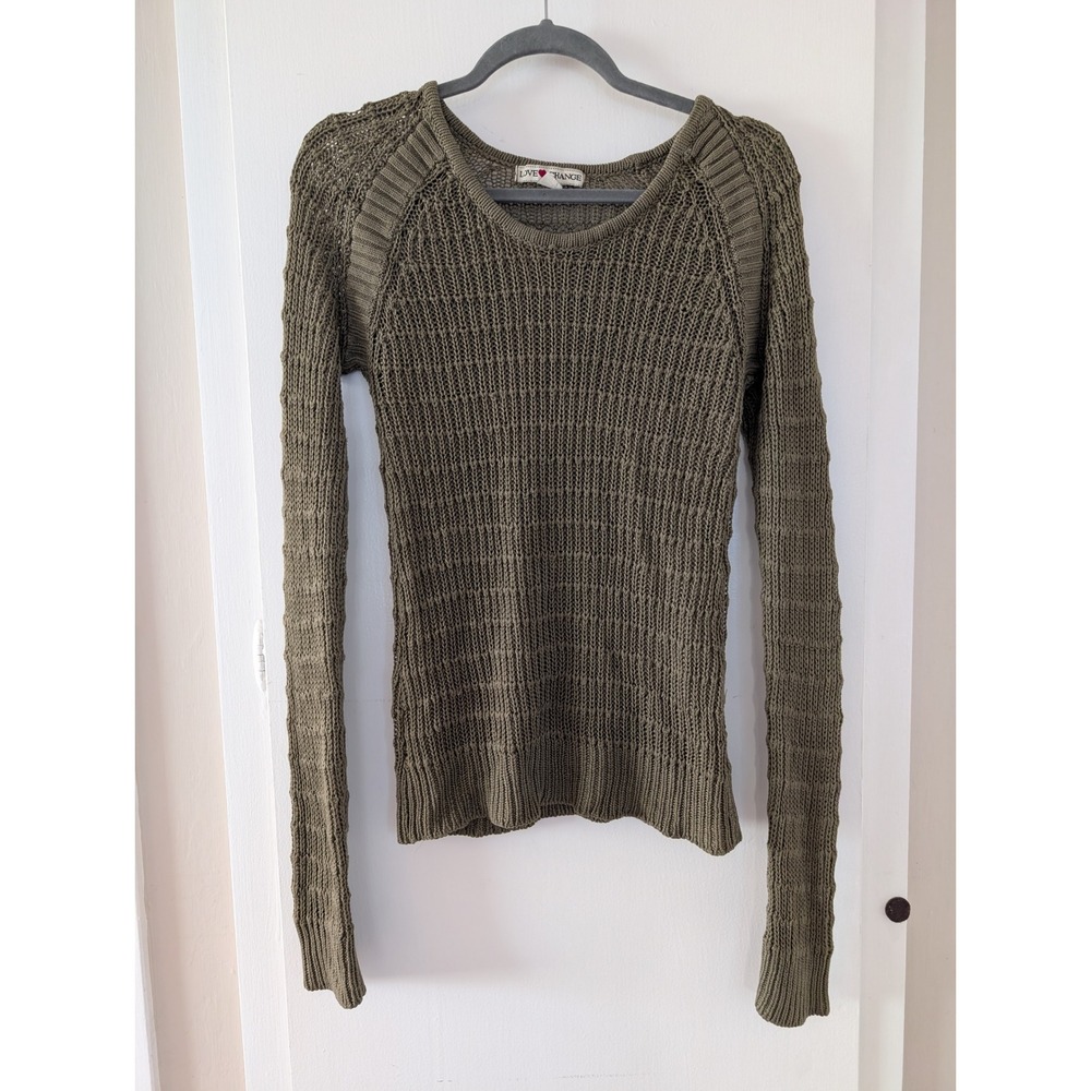 Womens Olive Green Open Knit Scoop Neck Raglan Sweater L Goblincore Fairy Earthy
